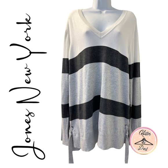 Jones New York V-Neck Relaxed Striped Sweater - Picture 1 of 6